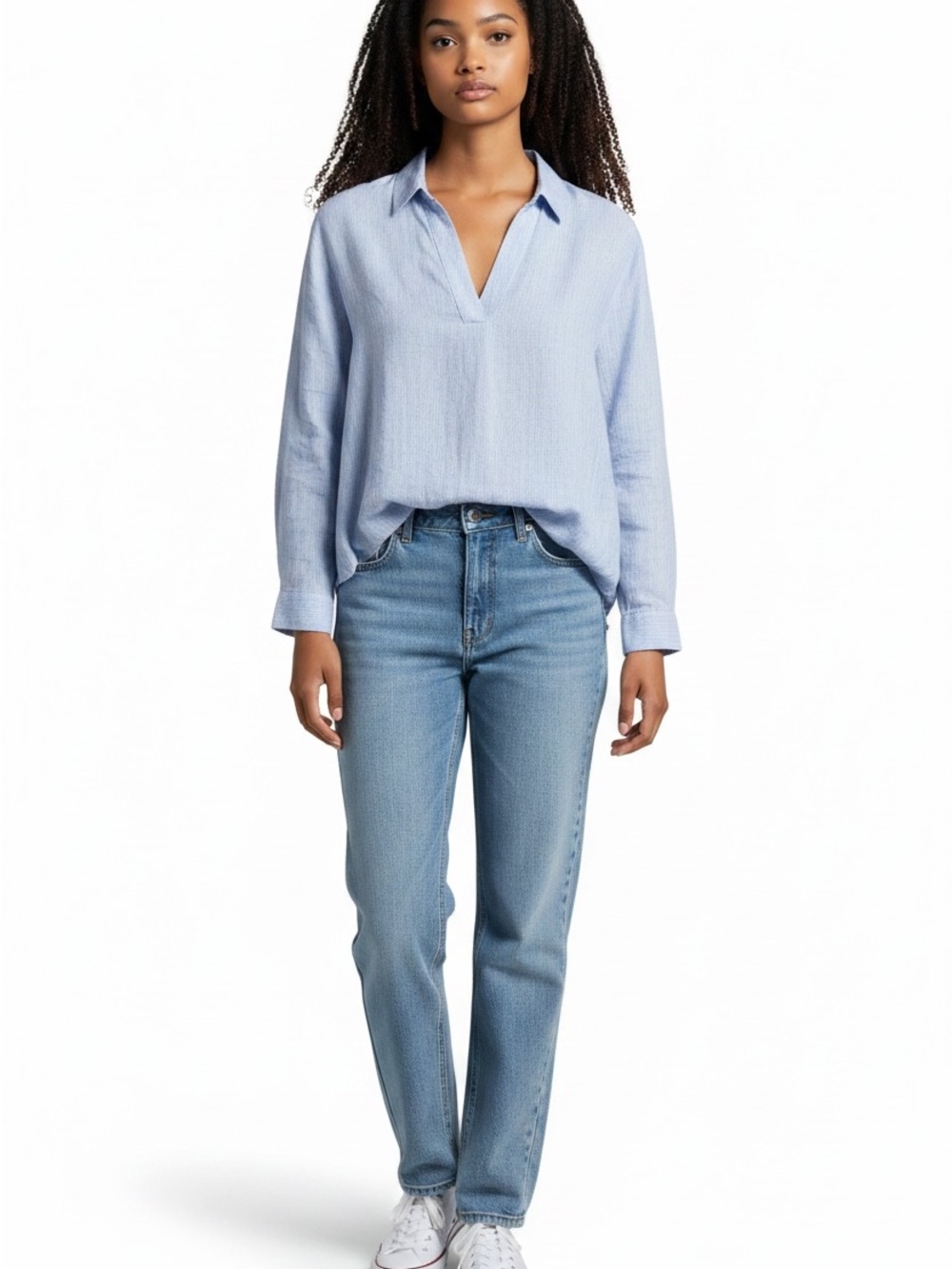 H&M  women's Light Blue Popover Linen-Blend Shirt size medium